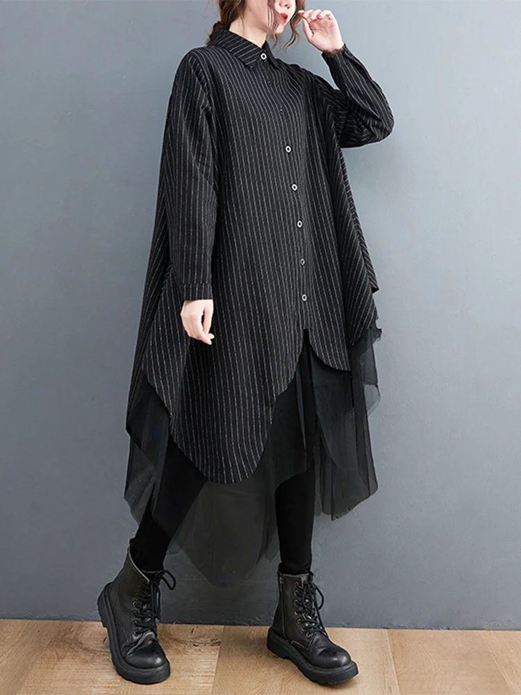 Cotton Striped Mesh Spliced Shirt Dresses For Women Long Sleeve Loose Casual Vintage Dress Fashion Clothes Spring Autumn 2024