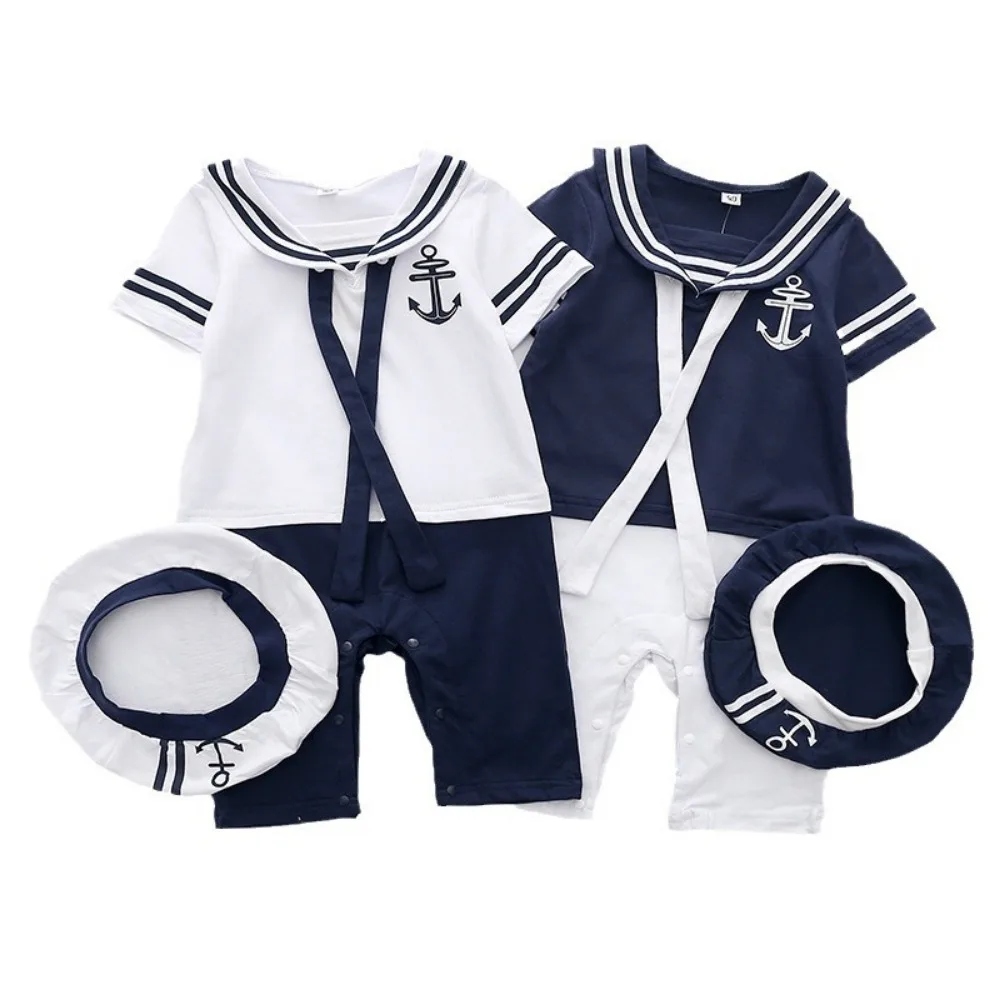 Baby Navy Romper Summer Newborn Kids Boys Girls Sailor Jumpsuit Hat 2Pcs Body Short Sleeve Anchor Printed Suit 70cm 80cm 90cm