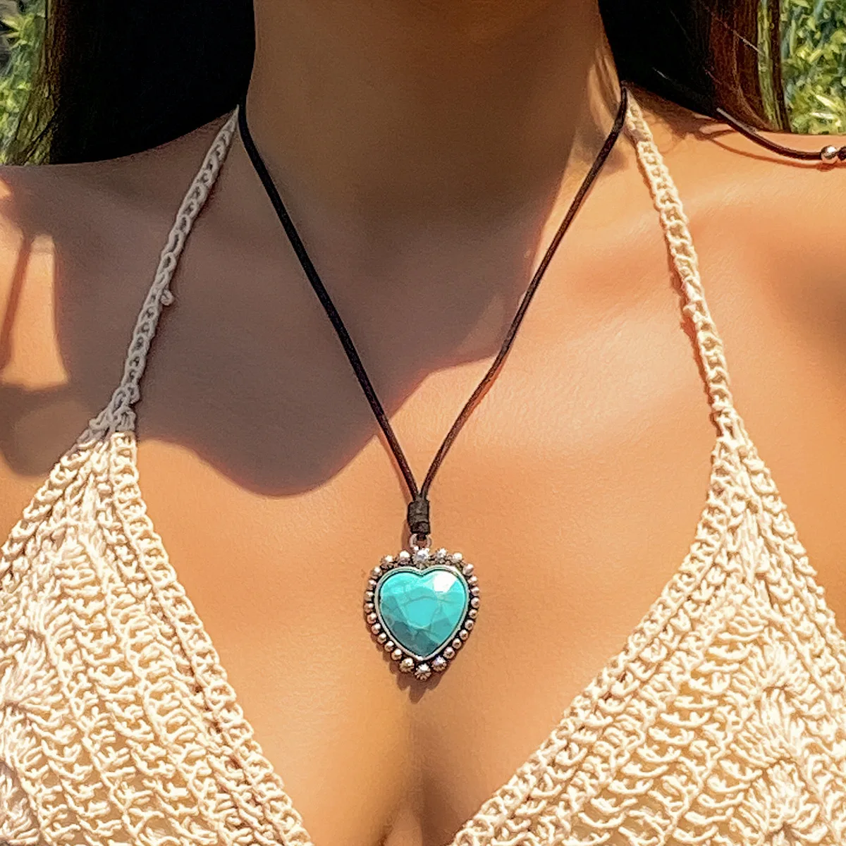 Accessories, Turquoise Love Pendant Adjustable Drawstring Collar, Beach Bohemian Mermaid Necklace