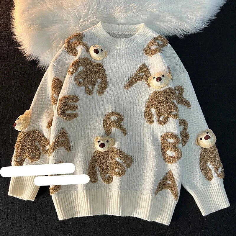 3D Bear Head Pendant Fleece Embroidery Oversized Sweaters Men Women Hip Hop Streetwear Winter Knitted Tops Korean Kawaii Clothes