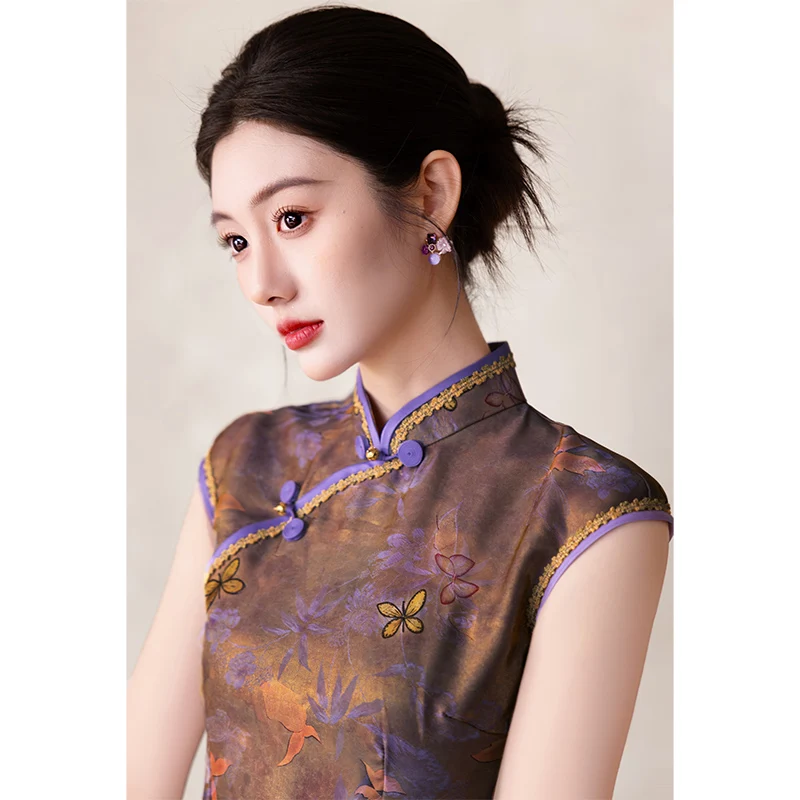 

Elegant Purple Gradient Print Dress Daily Wear Long Dress Slant Collar Low Slit No Sleeve Floral Pattern