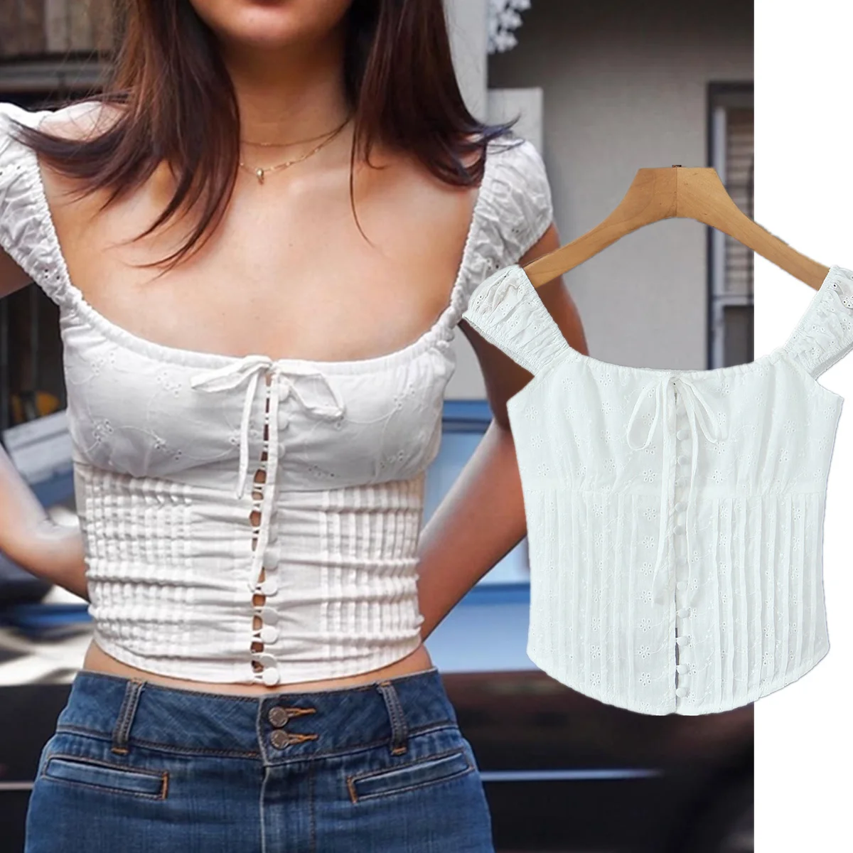 

Jenny&Dave 2026 Summer White Shirt Blouse Women Holiday Sexy Embroidery Slim Fit Cropped Tops Camisole Short Sleeve Shirt