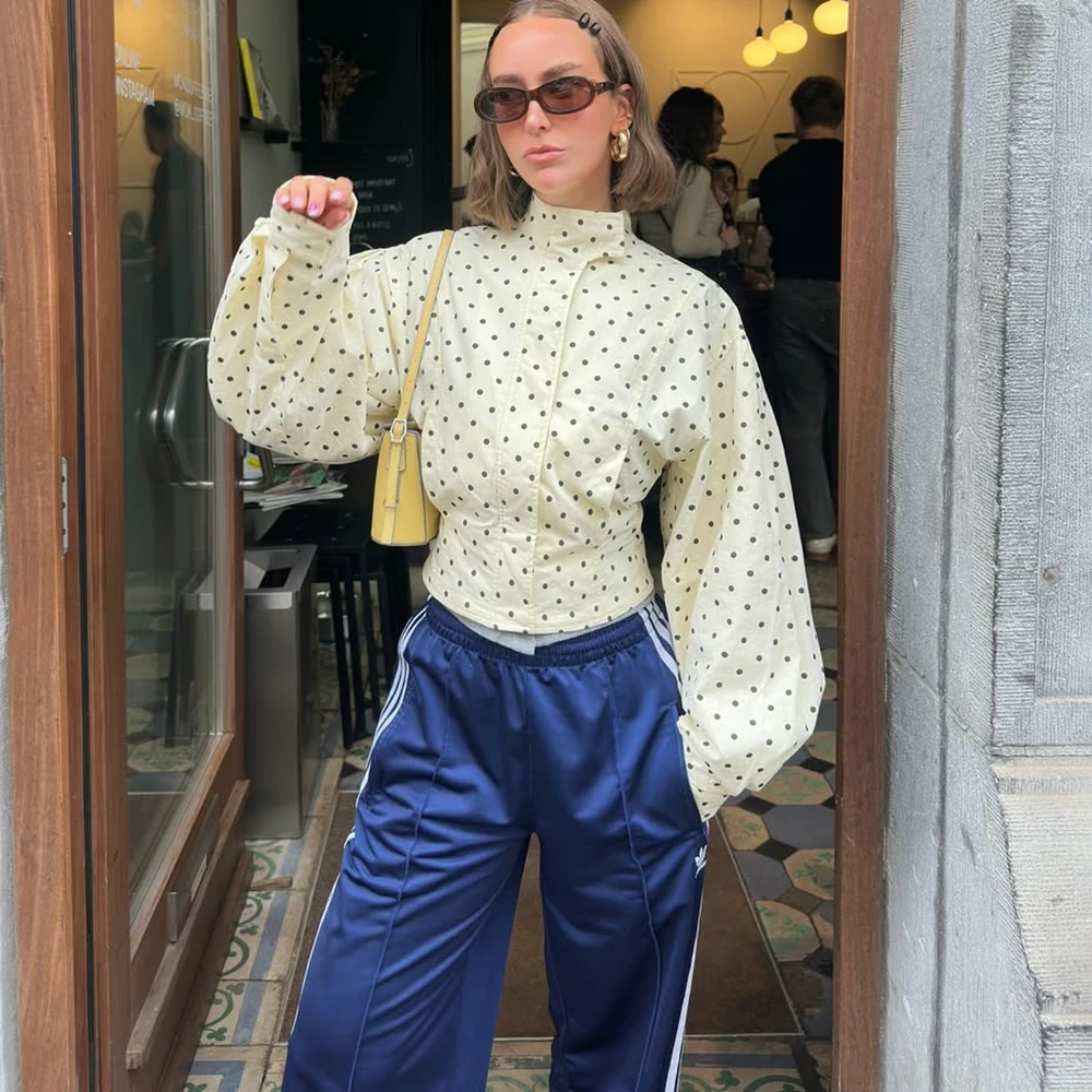 Ticketsx Polka Dot Stand Neck Short Jackets Women Fashion Long Sleeve Patchwork Contrast Slim Coats Casual Lady Street Outerwear