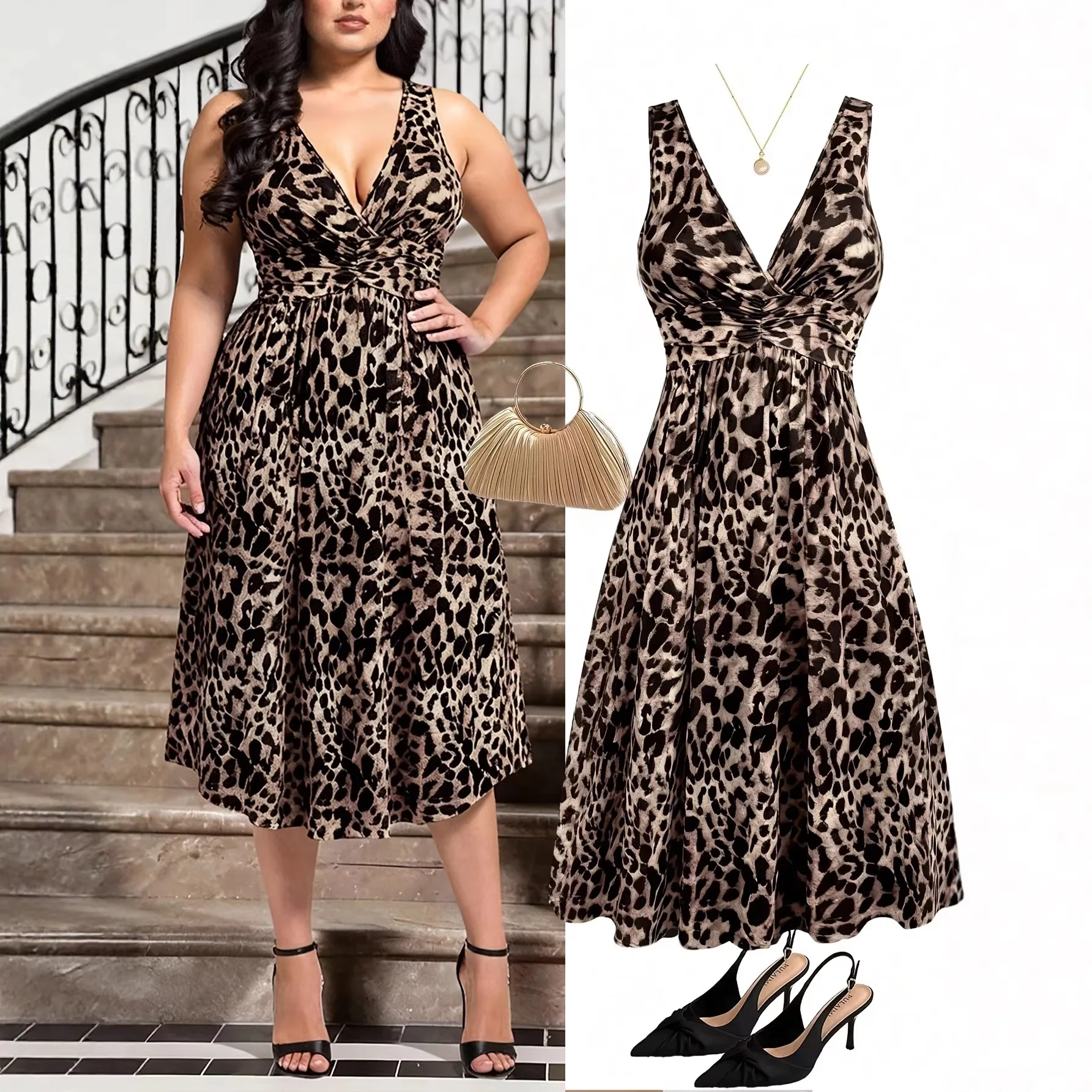 2026 new large size bohemian print V-neck waist pleated knitted dress