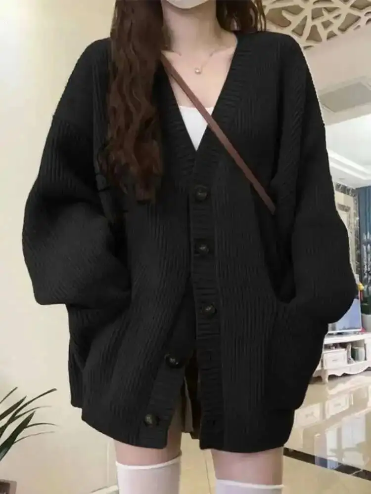 Loose Cardigan Women Long Sleeve V-neck Knitted Black Slouchy All-match Female Autumn Winter Coats Korean Chic Baggy Tops