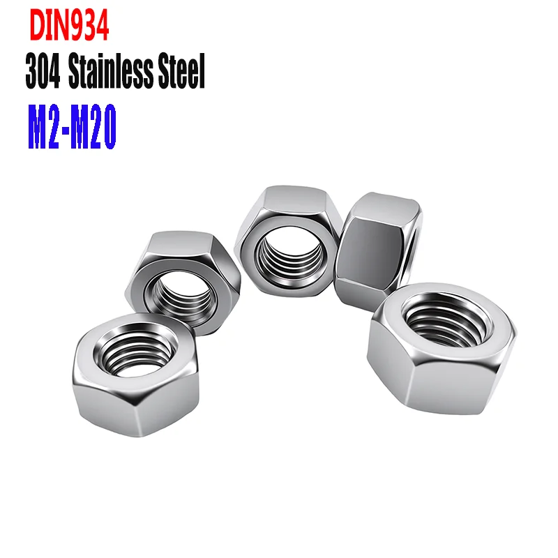 1-100Pcs Hex Nuts M2 M3 M4 M5 M6 M8 M10 M12 M14 M16 M18 M20 DIN934 304 Stainless Steel Hexagon Nut