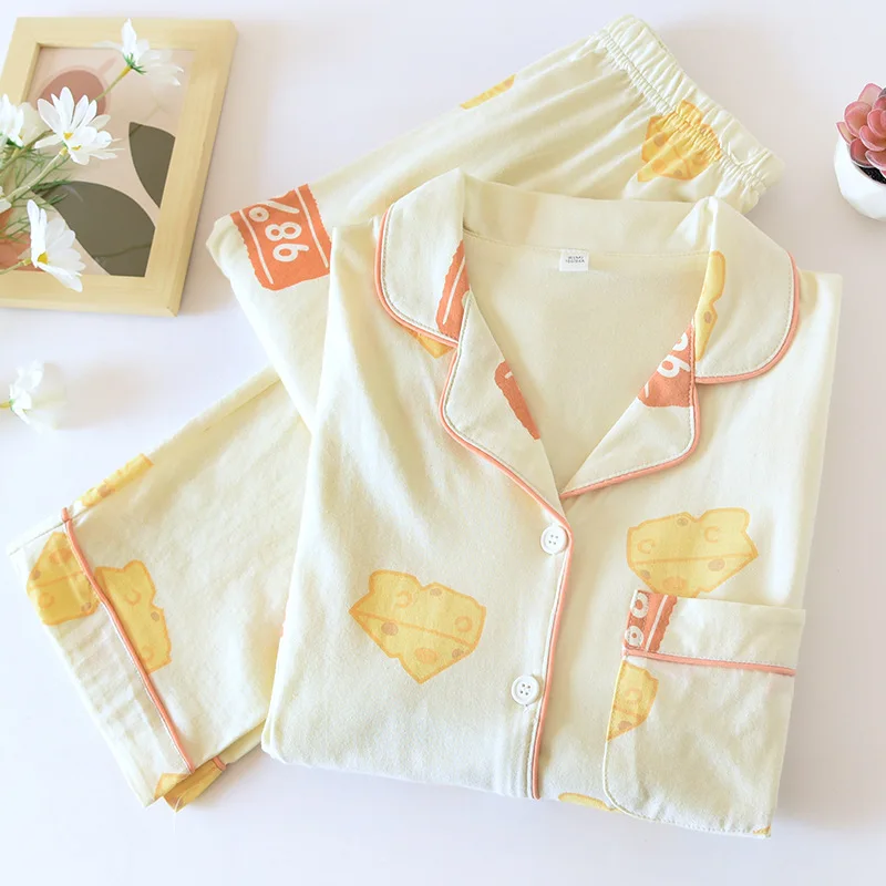 

Women Cotton Pajamas Set Breathable Sleepwear Print Cartoon 2Pcs Shirt&pants Summer Nightwear Soft Clothes Long Home Wear