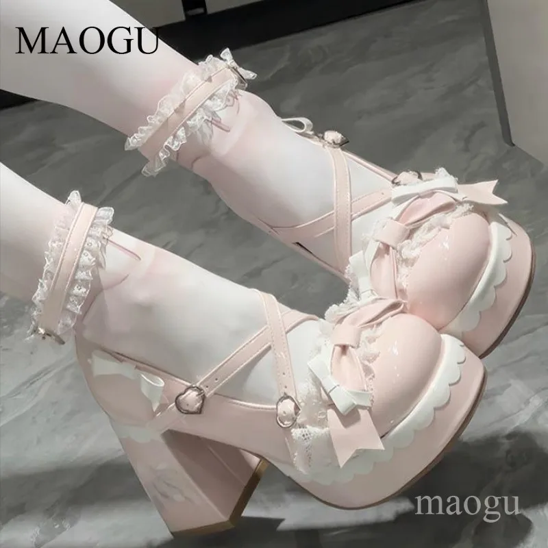 Sweet Lolita Platforms Lace Bow Decor Chunky Block Heel Mary Janes Kawaii Heart Buckle Cosplay Dress Shoes Cute Zapatos Mujer - view 6