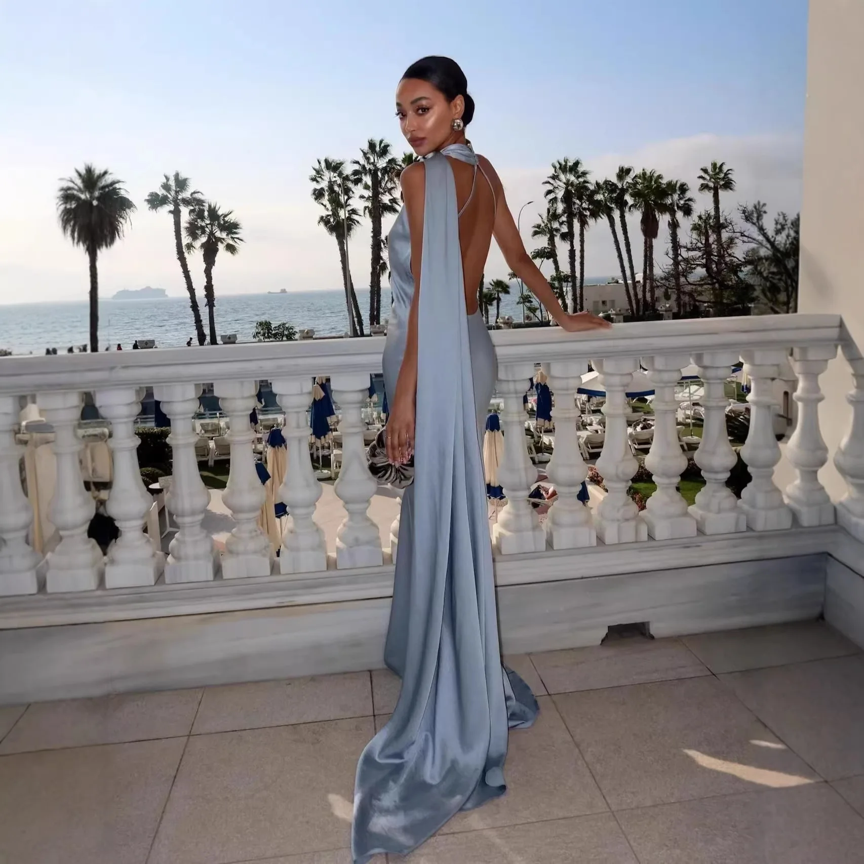 Women's Backless Casual Maxi Dress Satin Ribbon Halter Long Dresses Evening Wedding Guest White Blue Green Summer Graduation New