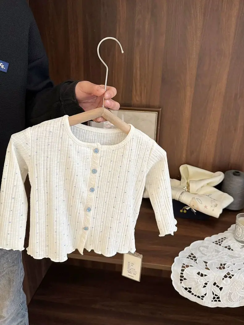 Baby Girls Dot Print T-shirts 2025 New Arrival Children Casual Striped Cardigan Kids Girls Summer Knitted Sunscreen Clothing