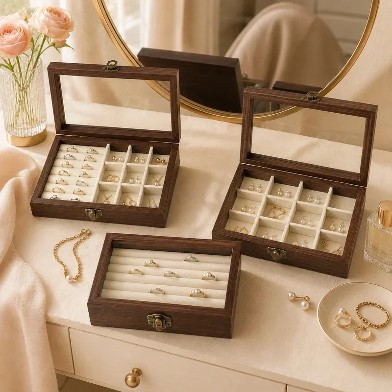 Walnut Pattern Jewelry Organizer Box, Hard Shell Velvet Interior, Compact Desktop Storage Case for Rings, Earrings & Necklaces