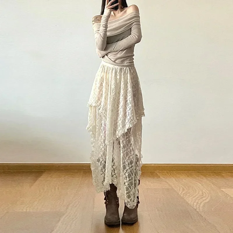 Chic Women Y2k Skirt Lace High Waist Asymmetrical A Line Skirts French Style Fashion Folds Sweet Skirts Vintage Slim Basic Skirt