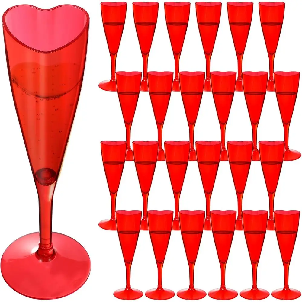 

24 Pcs Valentines Day Heart Shaped Champagne Lutes Plastic Goblet Cups 4.4oz Disposable Toasting Glasses Wine Cups or Galentine