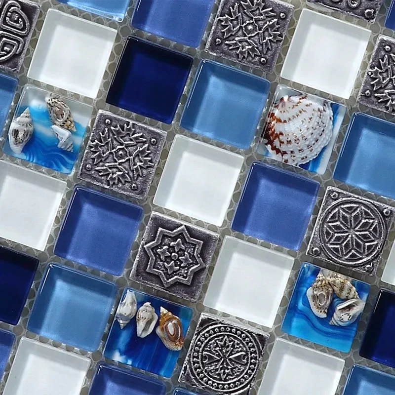 blue color crystal glass mixed sea shell mosaic HMGM2015 for kitchen backsplash tile bathroom shower hallway wall mosaic