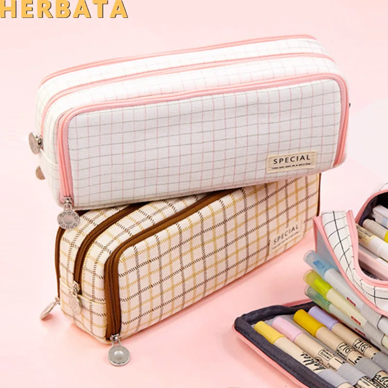 Creative multi-function storage bag large capacity canvas pencil case stationery three- zipper bags purse washable Cartuchera