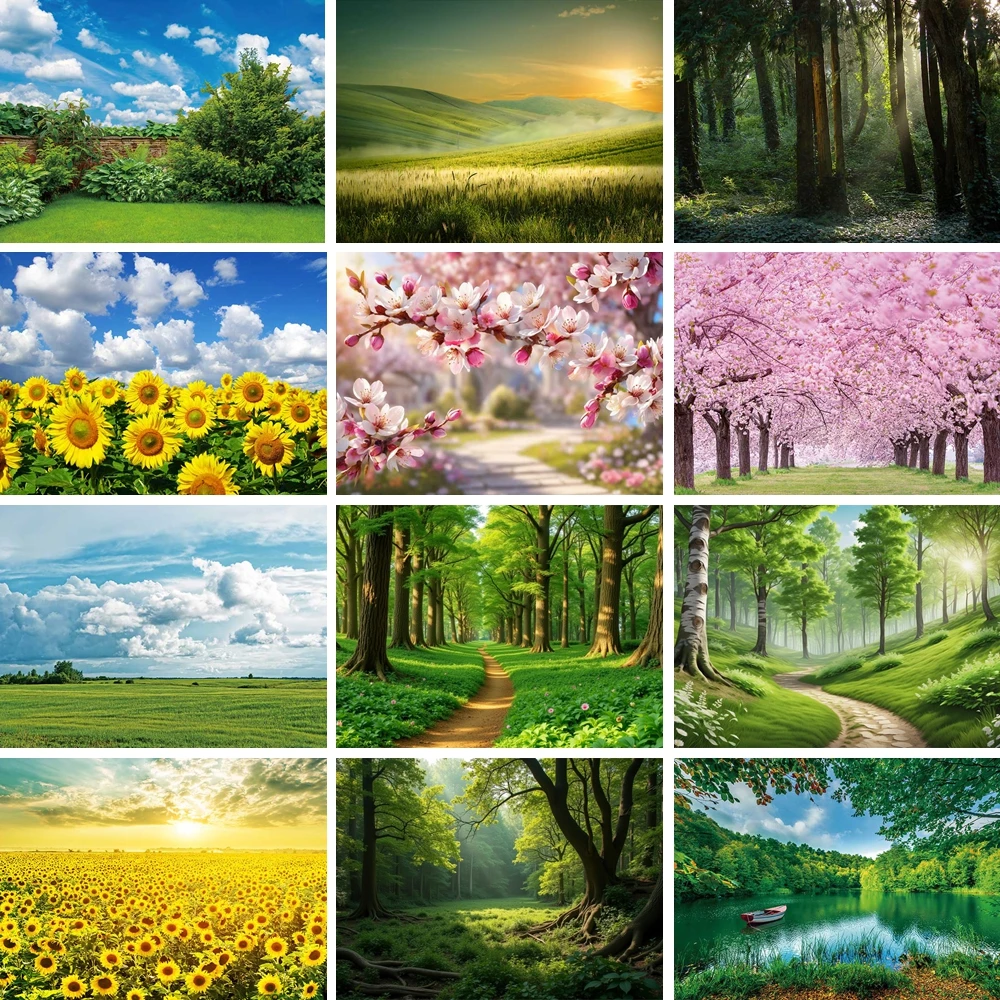 

MOON.QG Flower Grass Trees Background Sunshine Green Spring Woods Backdrops For Photography Studio Photo Party Decor Accessories