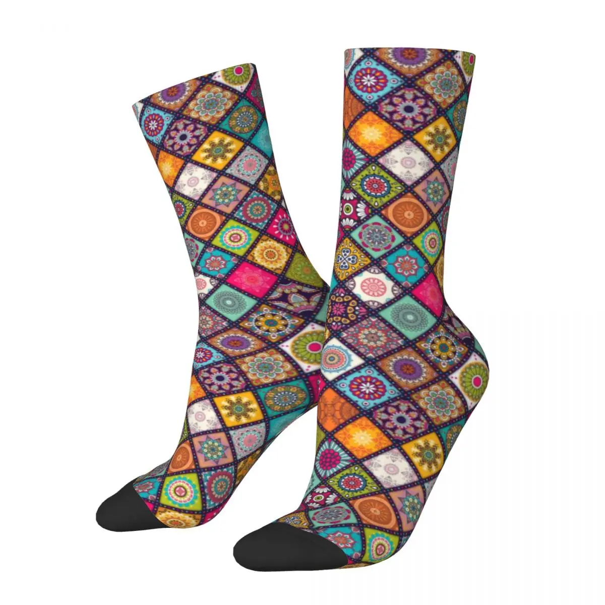 Chaussettes colorées à motifs floraux Mandala pour hommes, bas géométriques Harajuku, bas d'automne antibactériens, chaussettes de course