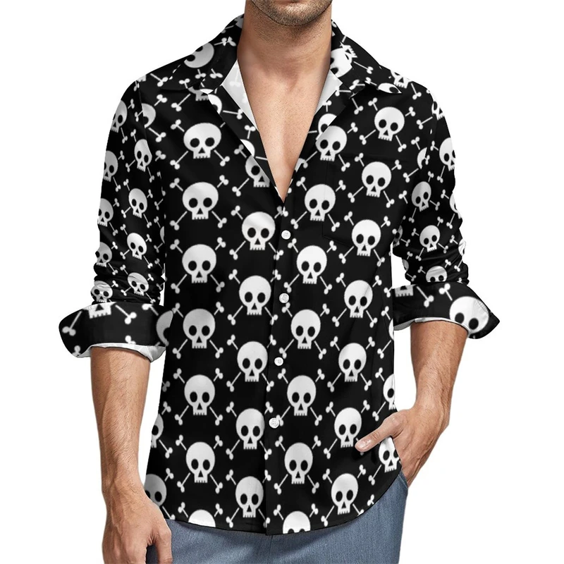 Men\'s shirt pattern shirt skull button print long sleeved daily outing V-neck fashion designer comfortable and breathable