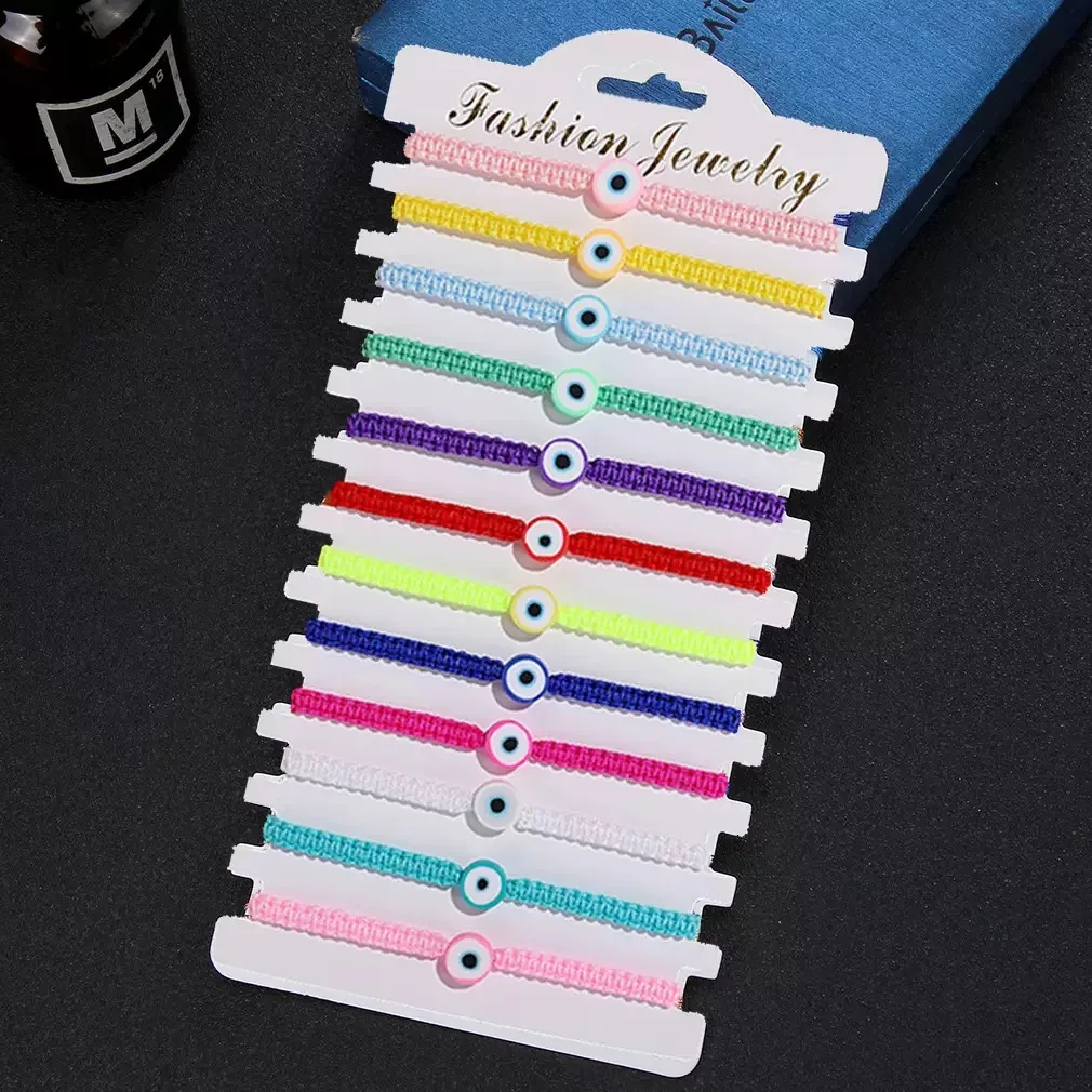 تميمة عين الملاك المنسوجة يدويًا مكونة من 12 قطعة، سوار قابل للتعديل للصداقة من الطين الناعم بسبعة ألوان