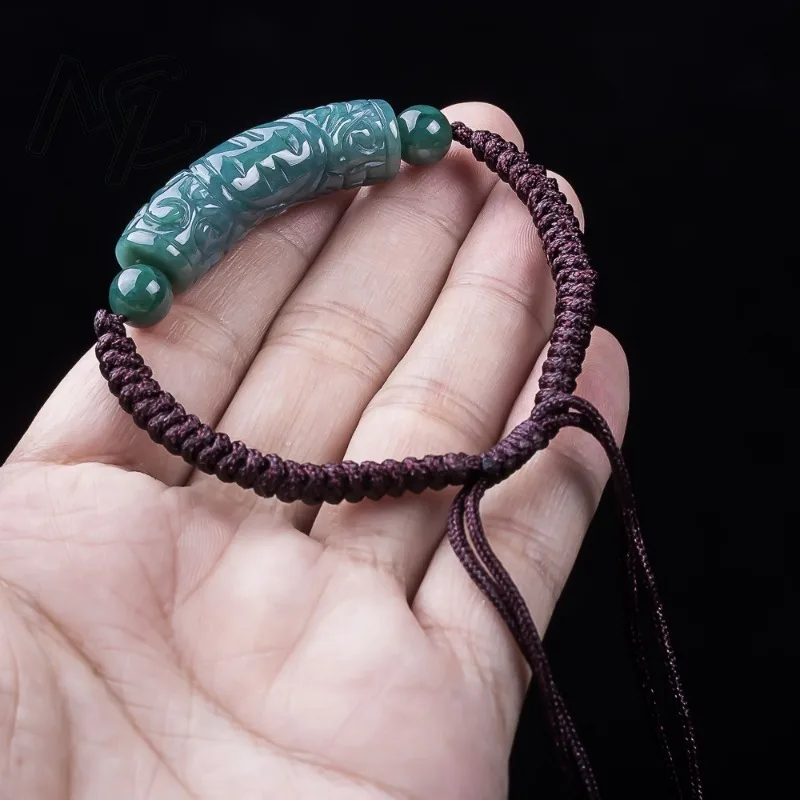 

Natural Emerald Burmese Jade Blue Water Ice Seed Curved Strip Hand Knitting DIY Bracelet Amulets Fashion Jewelry Woman Gifts