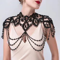 Bruids Bolero Zwart Kristal Ketting Kralen Bruids Bedekt Body Chain Vrouwen Accessoires Off Schouder Bolero Decoratie VG09