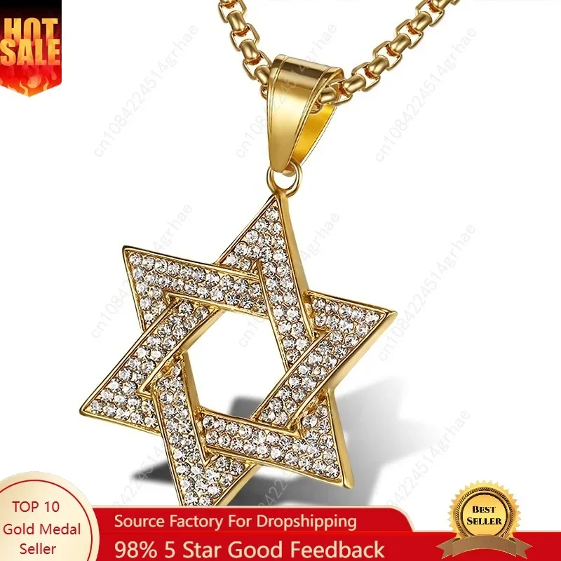 

Hip Hop Bling Iced Out Rhinestone Gold color 316L Stainless Steel Jewish Star of David Hexagram Pendant Necklace for Men Rapper
