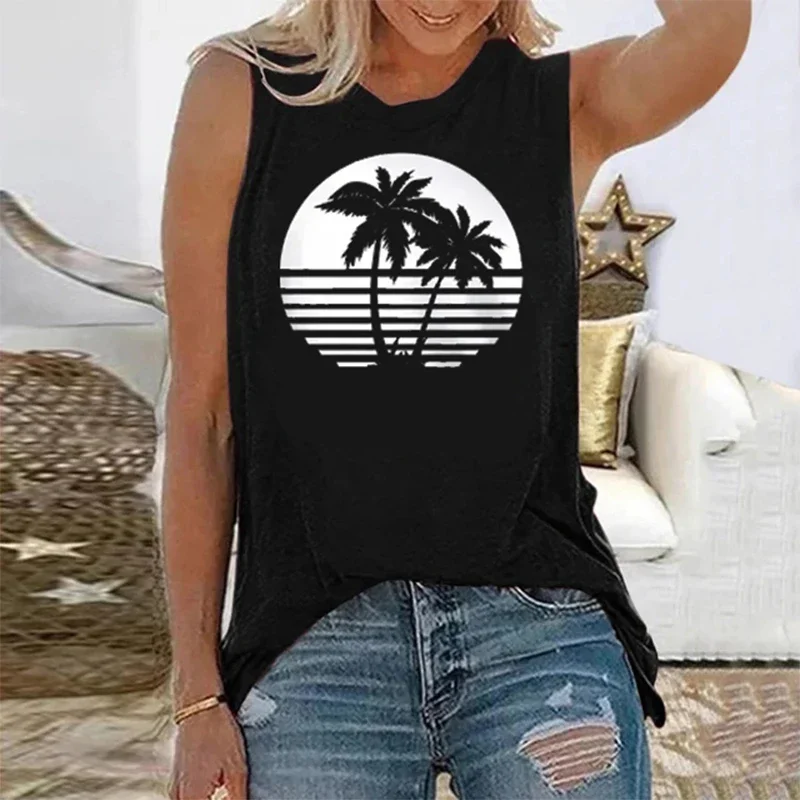 Summer Women's Cool Comfortable Tops Seaside Coconut Print Sleeveless Tops Daily Casual Vacation Tank Top