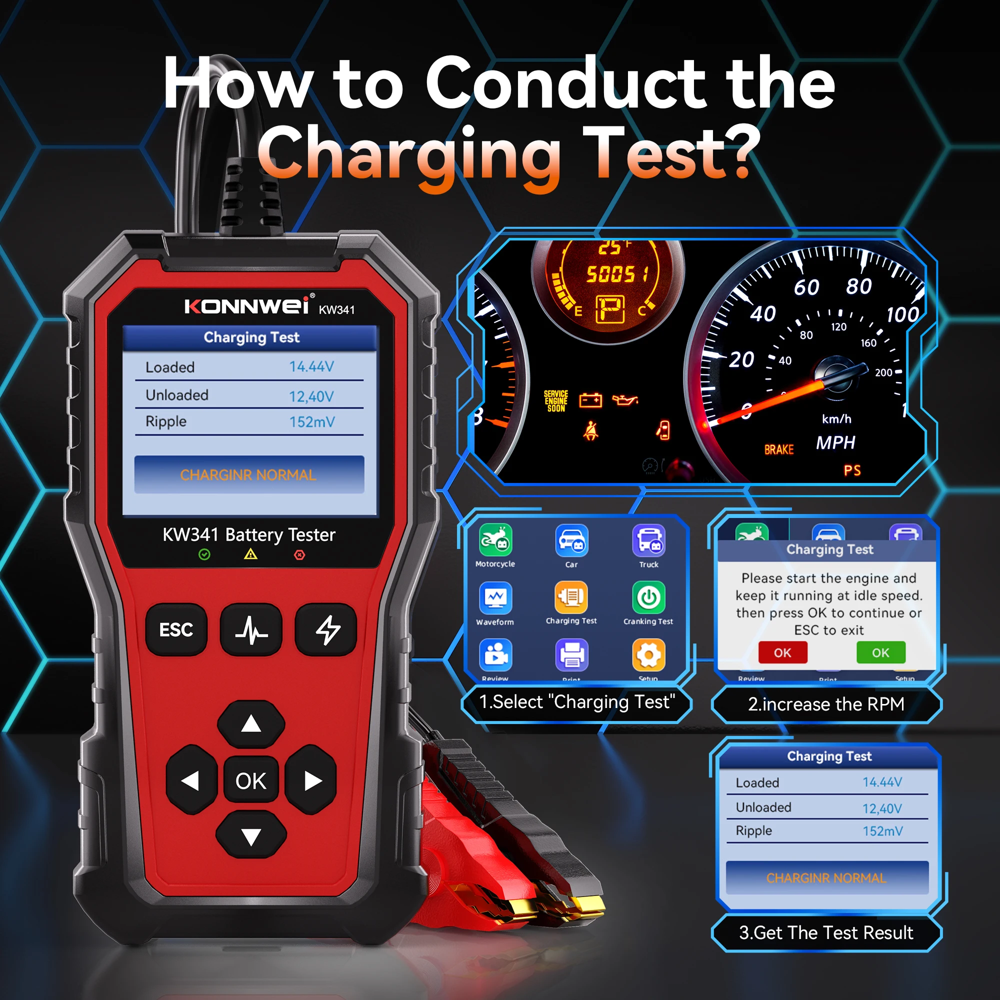 2025 KONNWEI 6V-12V-24V autó akkumulátor diagnosztikai eszköz feszültség tesztelése akkumulátor információk megtekintése autó akkumulátor töltés szkenner eszköz