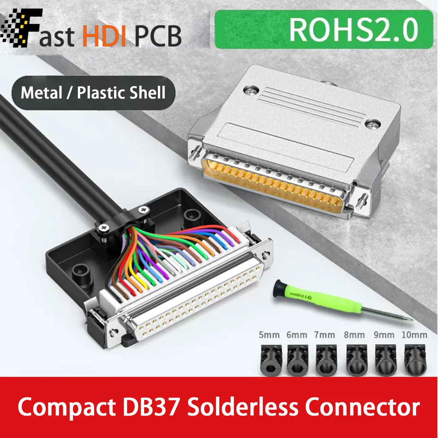 DB37 Solderless Connector Male Female 37 Pin D-Sub Screw Terminal with Gold Plated Solid/Stamped Pins for RS232 RS485 IO