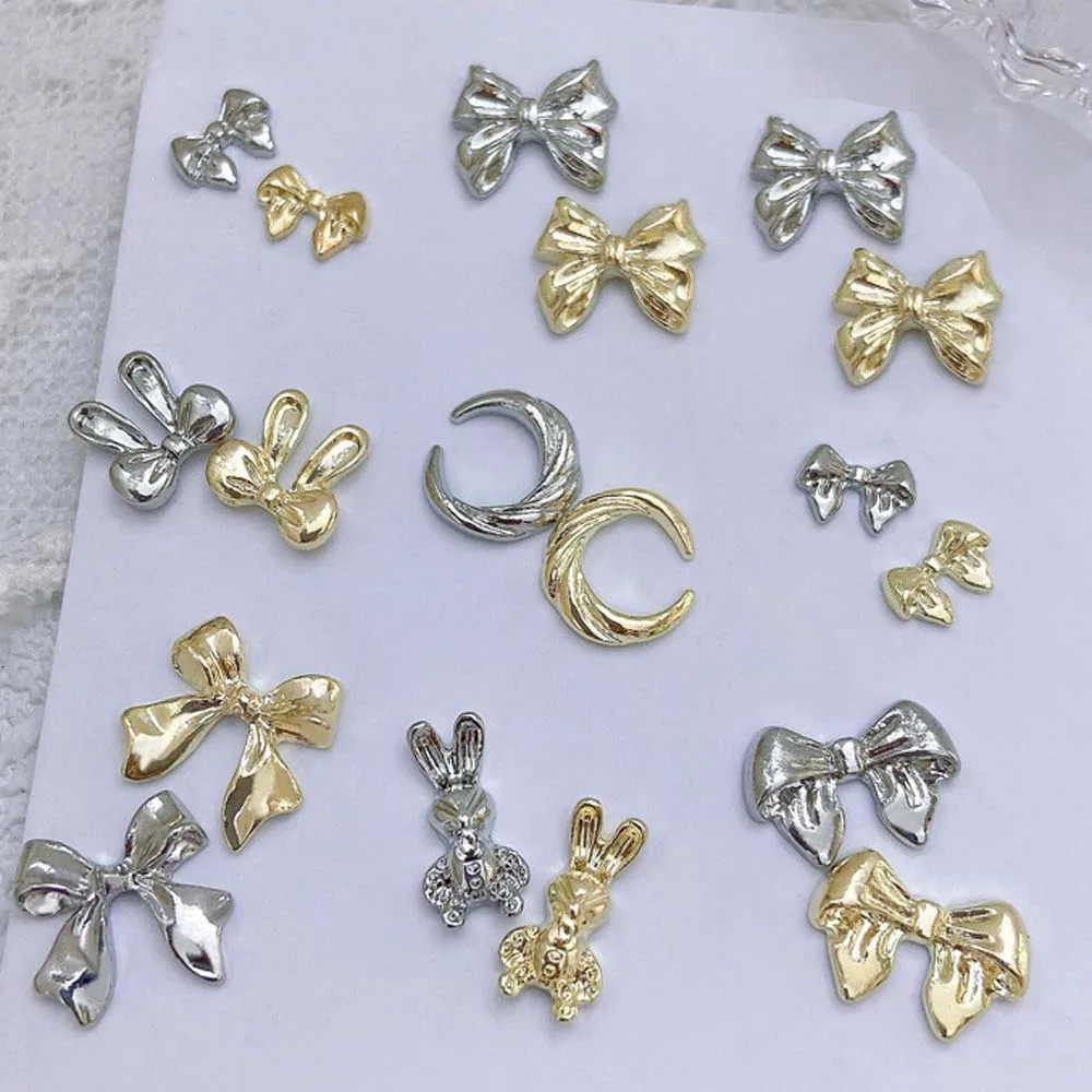 20pcs Silver Ribbon Bows Nail Charms 3D Metal Glossy Gold/Silver Bow Ribbon Rabbit Nail Decoration DIY Luxury Nail Accessories