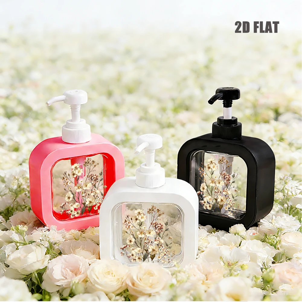 Dried Pressed Flower Print Refillable Liquid Soap Dispenser Delicate Floral Themed Lotion Pump Bottle for Bathroom Kitchen Decor