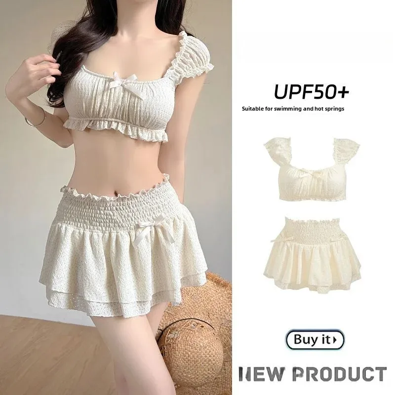 Beach Vacation Women's Lace Bikini Three-piece Swimsuit Sexy Pure Desire Swimwear Polyester Material One-Shoulder Design