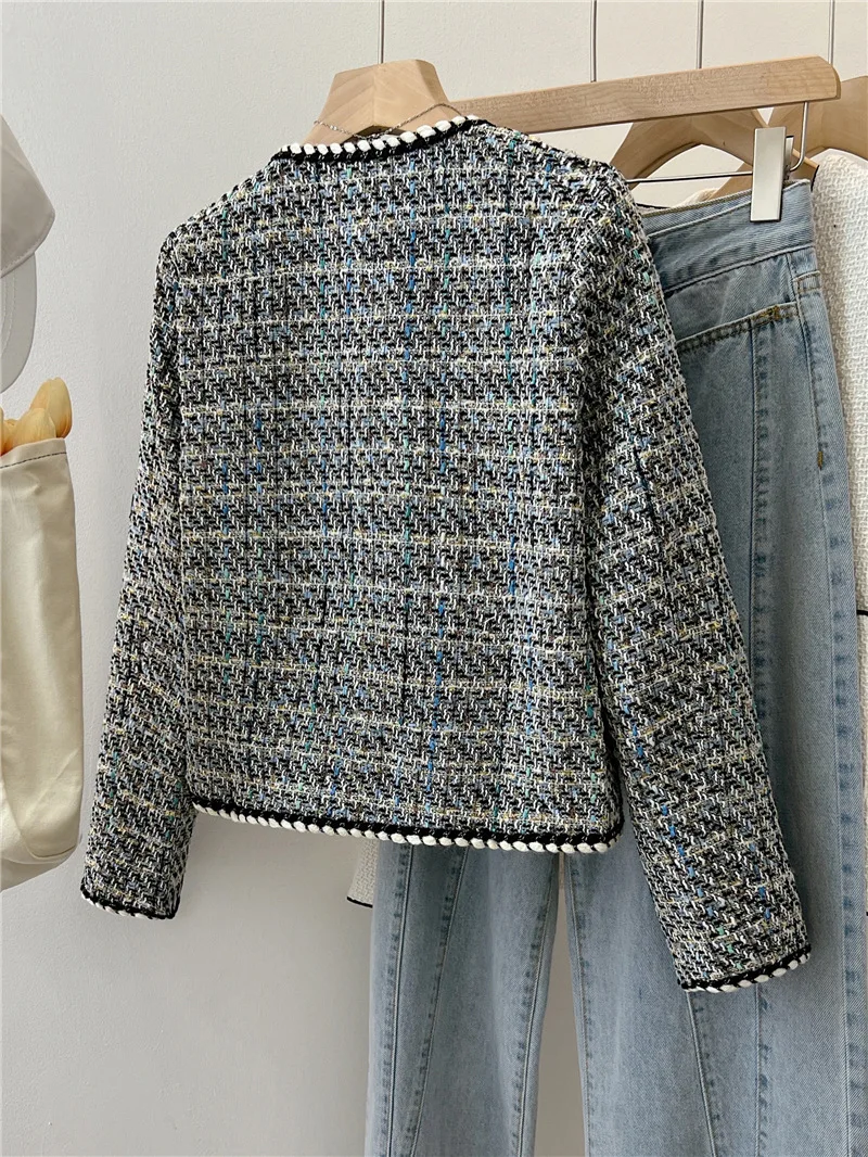 Women\'s Spring Autumn Jackets 2023 New Temperament Round Neck Plaid Coarse Wool Round Neck Plaid Blue Black Fragrant Coat