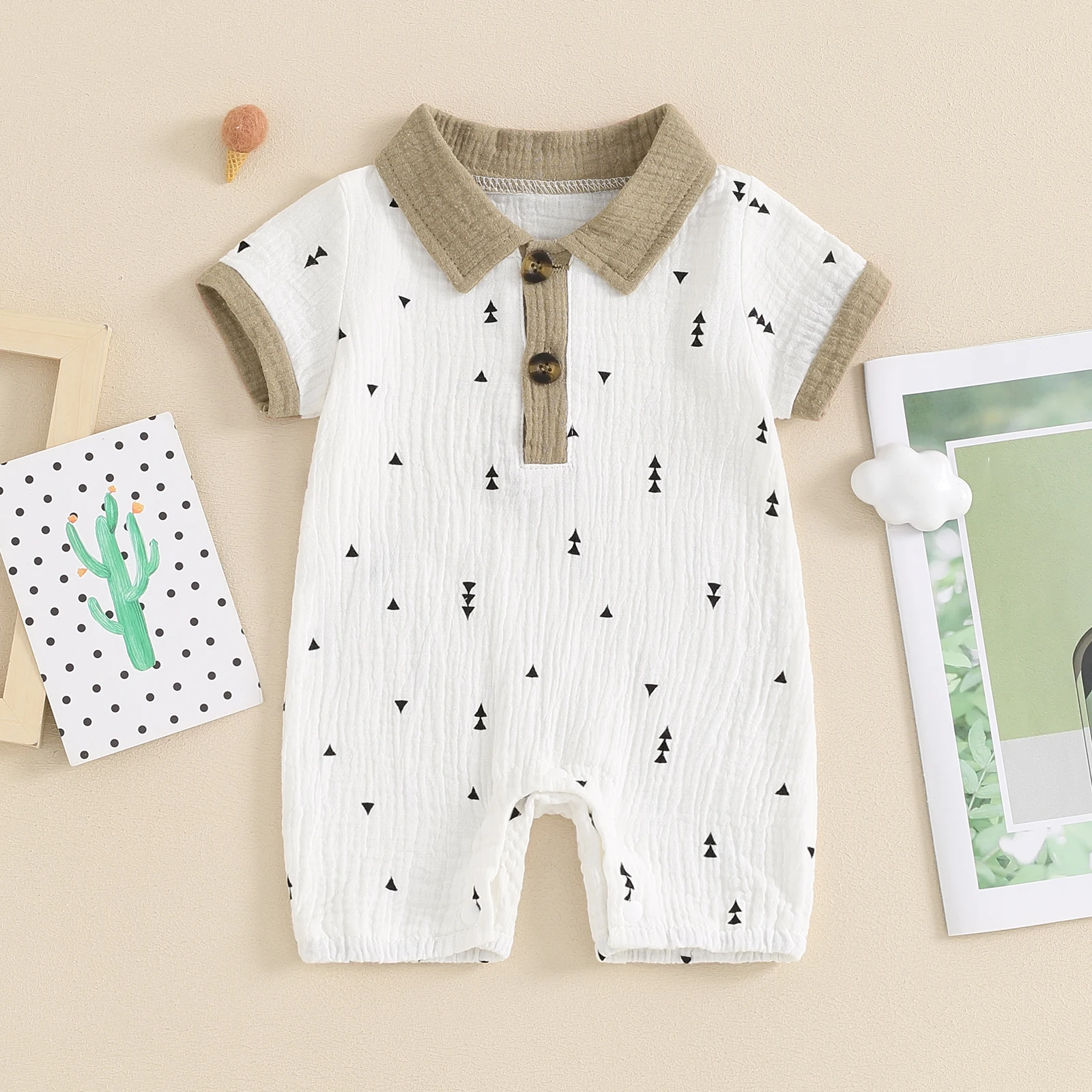 EWODOS 0-24M Infant Baby Boy Cotton Jumpsuit Summer Short Sleeve Lapel Collar Graphic Print Romper Newborn Playsuit Clothes