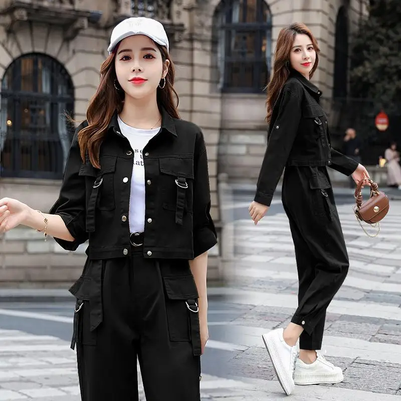 Women\'s Autumn New Casual Tracksuit Matching Set 2024 Korean Chic Long Sleeved Jacket+Cargo Pants 2 Piece Female Sportwear Suit