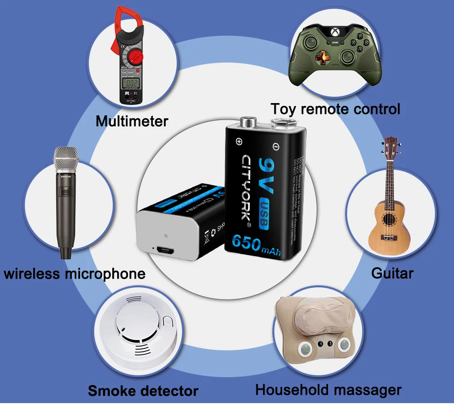 9V Rechargeable Li-ion Battery USB 650mAh Lithium 6F22 Batteri 9 Volts Crown For Multimeter Smoke Alarm Metal Detector Krone