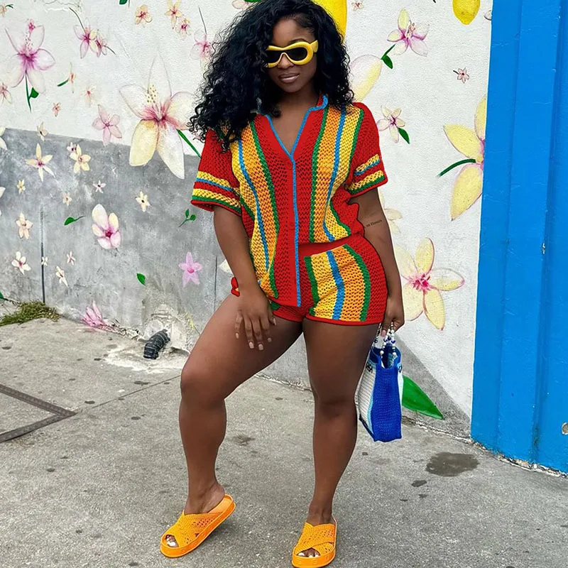 

Doyerl Knitted Striped Summer Sets Outfits Woman 2 Piece Holiday Beach Club Single-breasted Shirt Top and Shorts Set Vacation