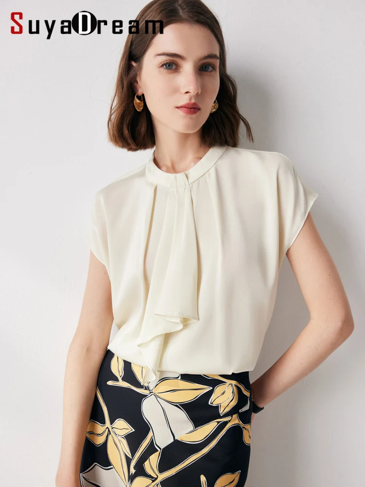 SuyaDream Women Solid Blouses Real Silk O Neck Bat Sleeves Chic Shirts 2023 Summer Casual Top White