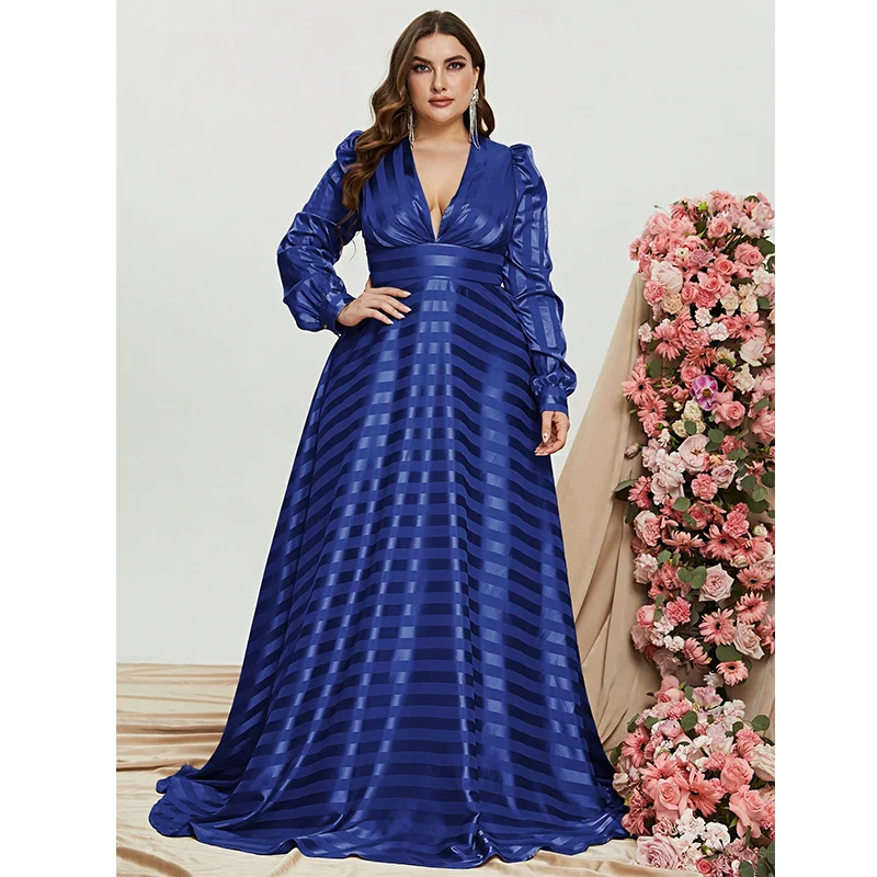 Plus Size V Neck Satin Extra Long Sleeve Evening Dress 4XL5XL Big Size Luxury Prom Party Apricot Striped Evening Dresses Women