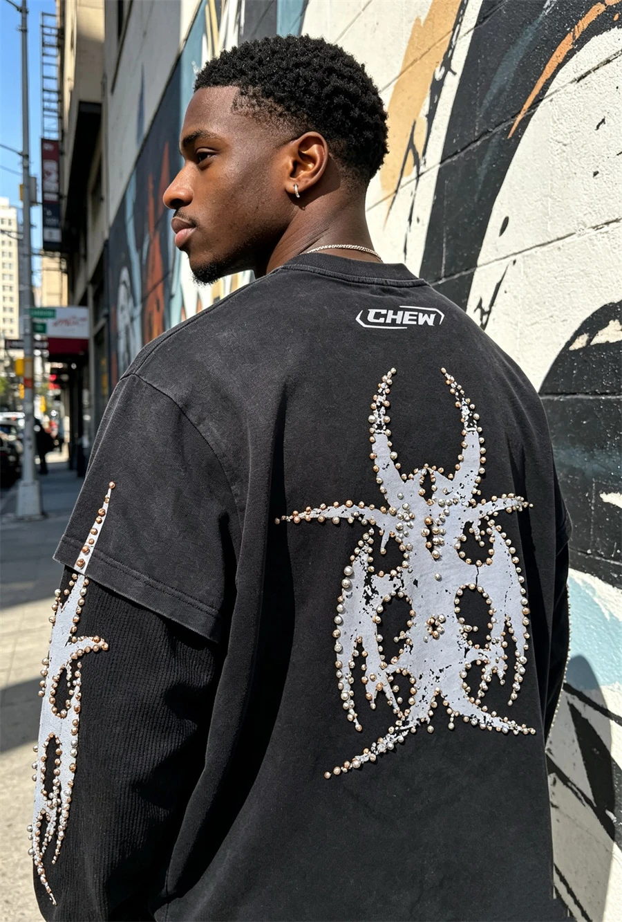 Y2K CHEW Layering Fake Two-Piece Design Cotton Beetle Cracked Retro Print Waffle Long Sleeved Shirt Washed Hip-hop VersatileK