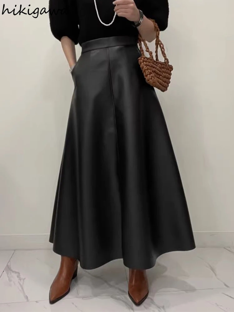 

High Waist Leather Skirt for Women 2024 Faldas Mujer De Moda A-line Vintage Jupe Temperament Saia Fashion PU Loose Long Skirts