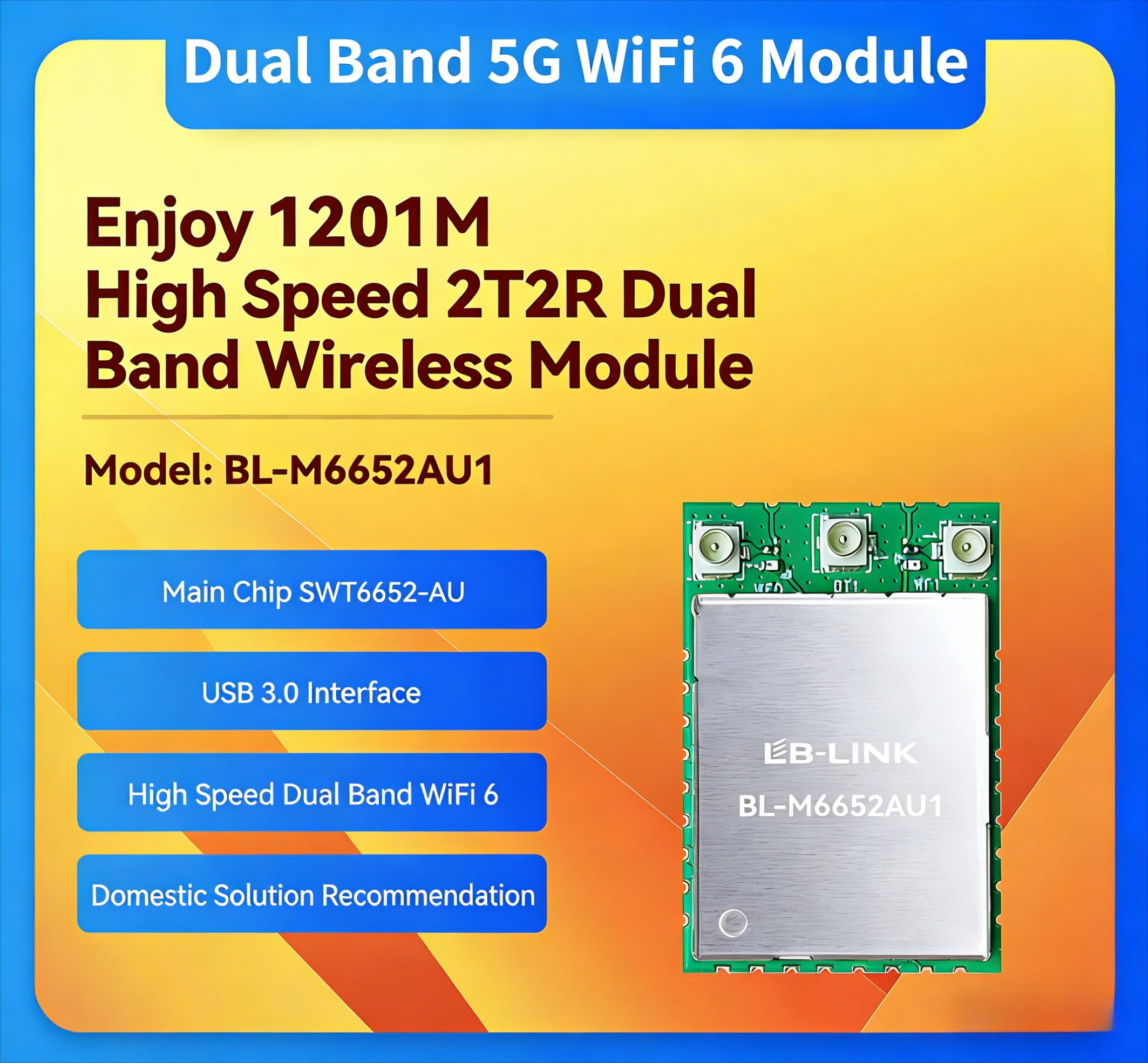 

Беспроводной модуль M6652AU1 Dual Band 5G WiFi 6 с чипом SWT6652-AU 2T2R BT для передачи видео из проектора