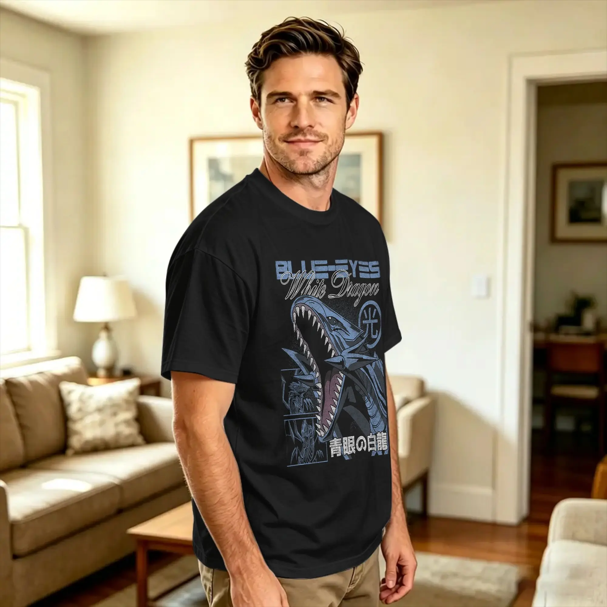 YGO Blue Eyes White Dragon Modern Collage Card Anime Cotton T-Shirt For Men Summer  Streetwear T-Shirts Hipster Tees Oversize