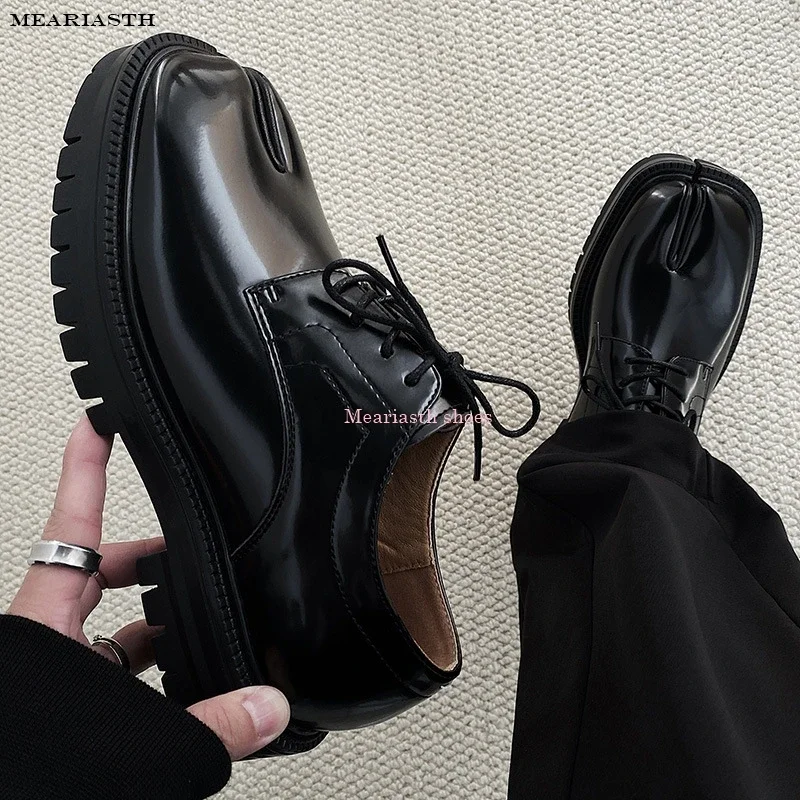 Women Black Glossy Leather Tabi Sneakers Spring Thick Heel Low Flats Men 46 Size Lace Up Casual White Loaf Couple Shoe Sport new