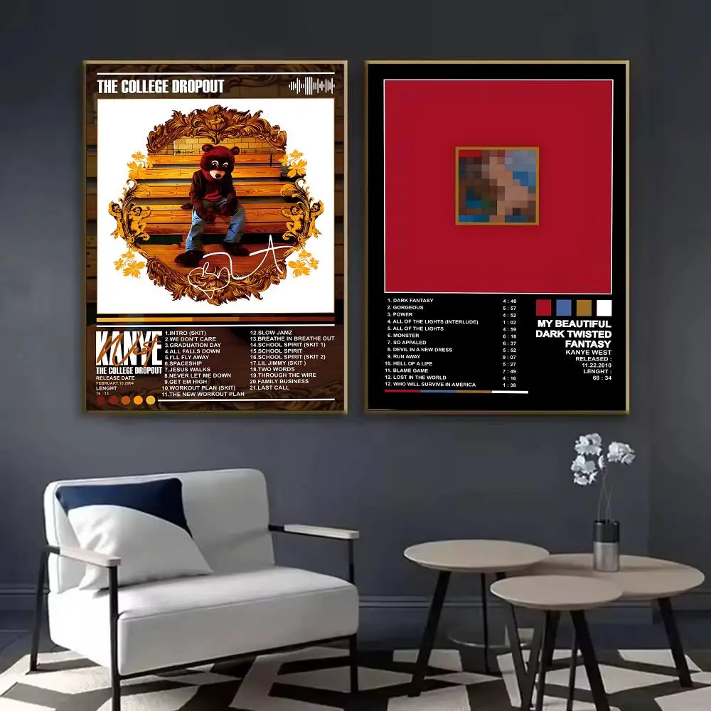 K-Kanye West Rapper Album Poster Waterproof Sticky Wall Art Print For Bedroom Living Room Hallway Bar Home Decor