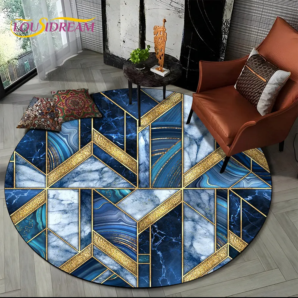 Bstract Geometry Marble Color Gold Round Area Rug, Circle Carpet for Living Room Bedroom Sofa Decor, Kids Floor Mat Kitchen Mat