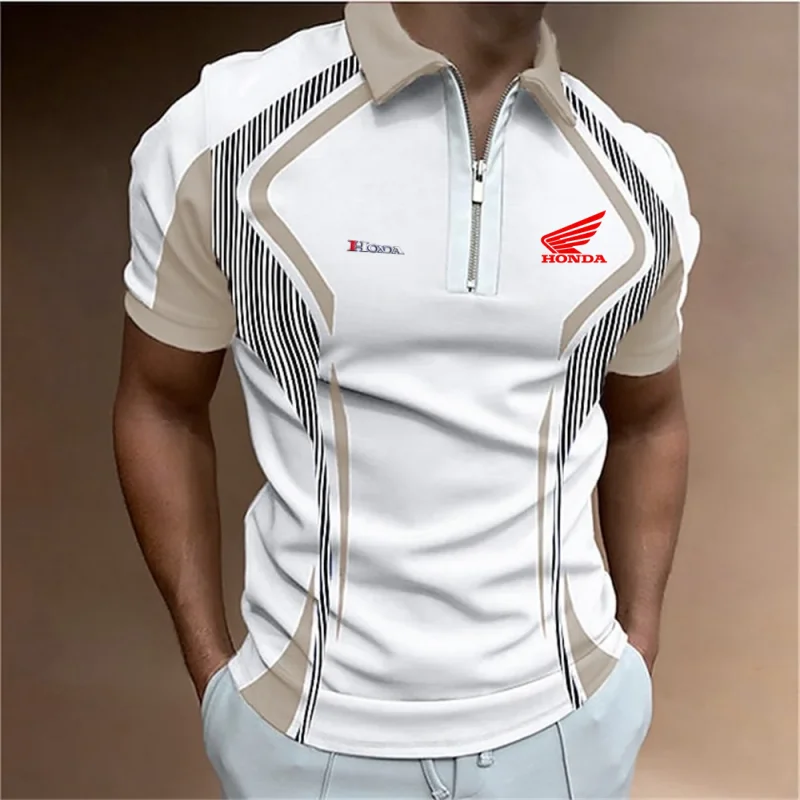 

HondaMen Polo Shirt Stripes Short Sleeve T-shirt Male Breathable Tops Business Turn Down Collar Streetwear Luxury Brand High Qua