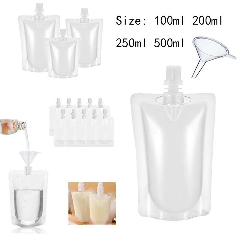 Bolsa con boquilla para bebidas de viaje de 100-500ml, bolsa transparente para jugo a prueba de fugas, contenedor de bebidas portátil con embudo, para bebidas frías y hielo