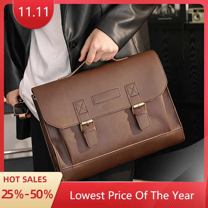 Retro Crazy Horse PU Leather Briefcase Men's Handbag Business Satchels Shoulder Bag Luxury Leather Brand File Bag Large Capacity