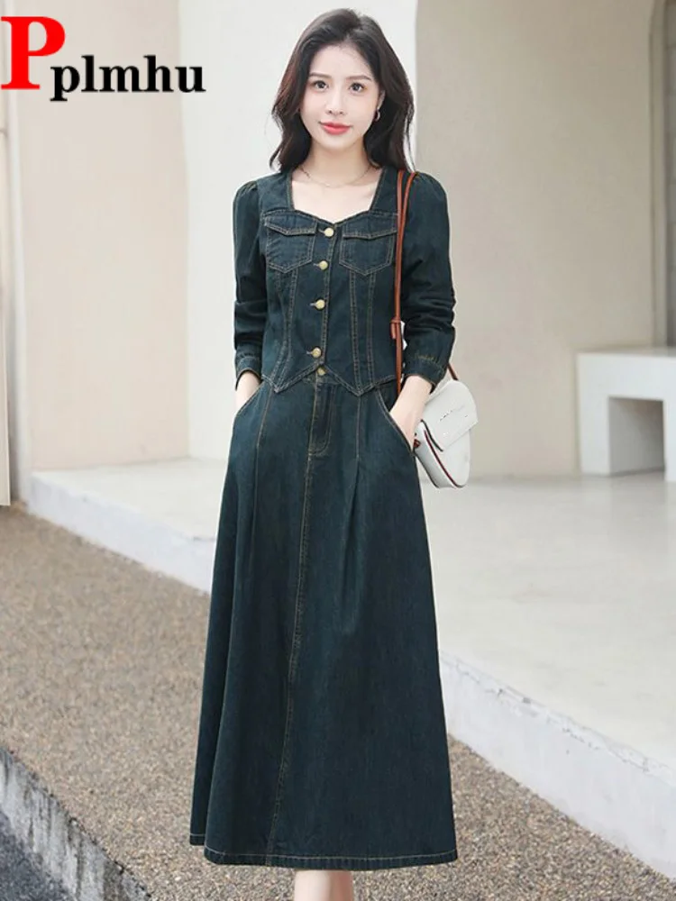 

Women's Casual Baggy Denim 2 Piece Set Fashion Loose Square Neck Cardigan Conjuntos Vintage Streetwear New Skirt Ensemble